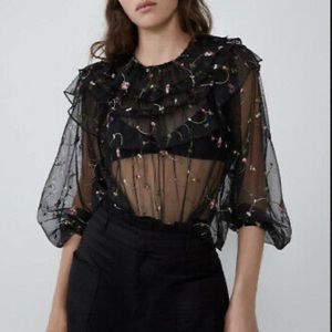Zara Black Embroidered Tulle Top
